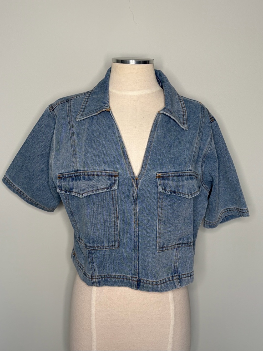 HYFVE Boutique Light Blue Cropped Boxy Denim Top with Chest Pockets, Medium